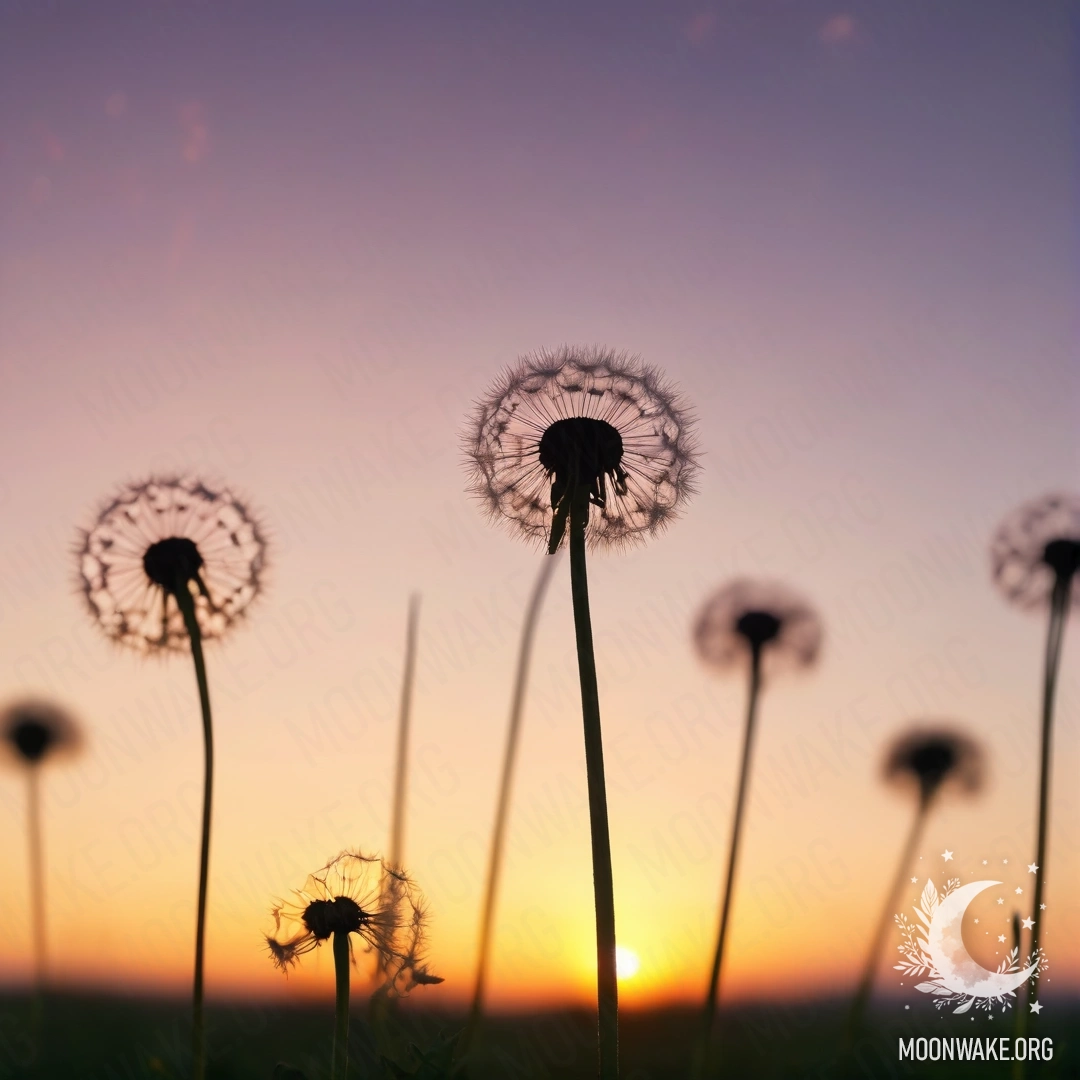 Close-up of dandelions in a minimalist field against a soft bokeh sunset sky.