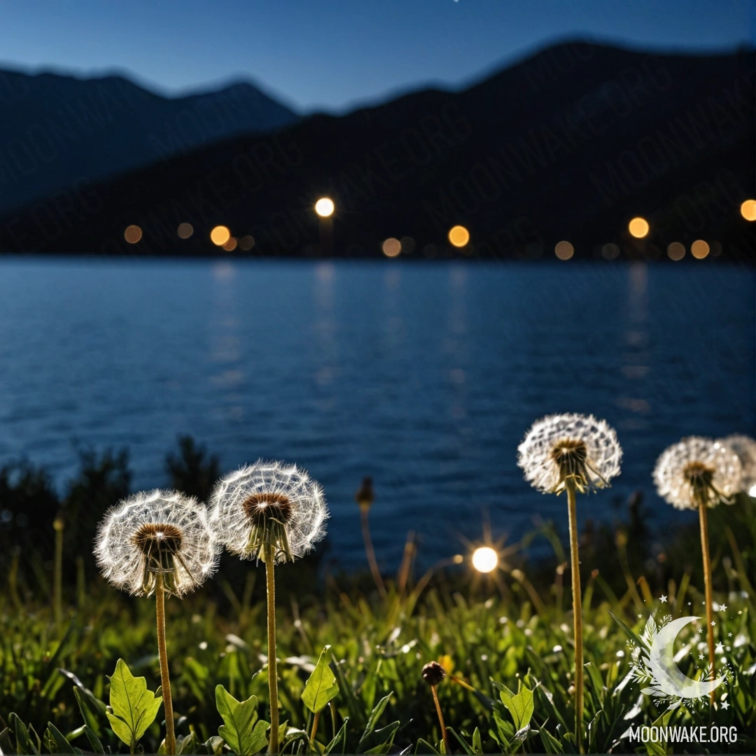 Close-up of dandelions in a minimalist field with a bokeh mountain lake background at night.