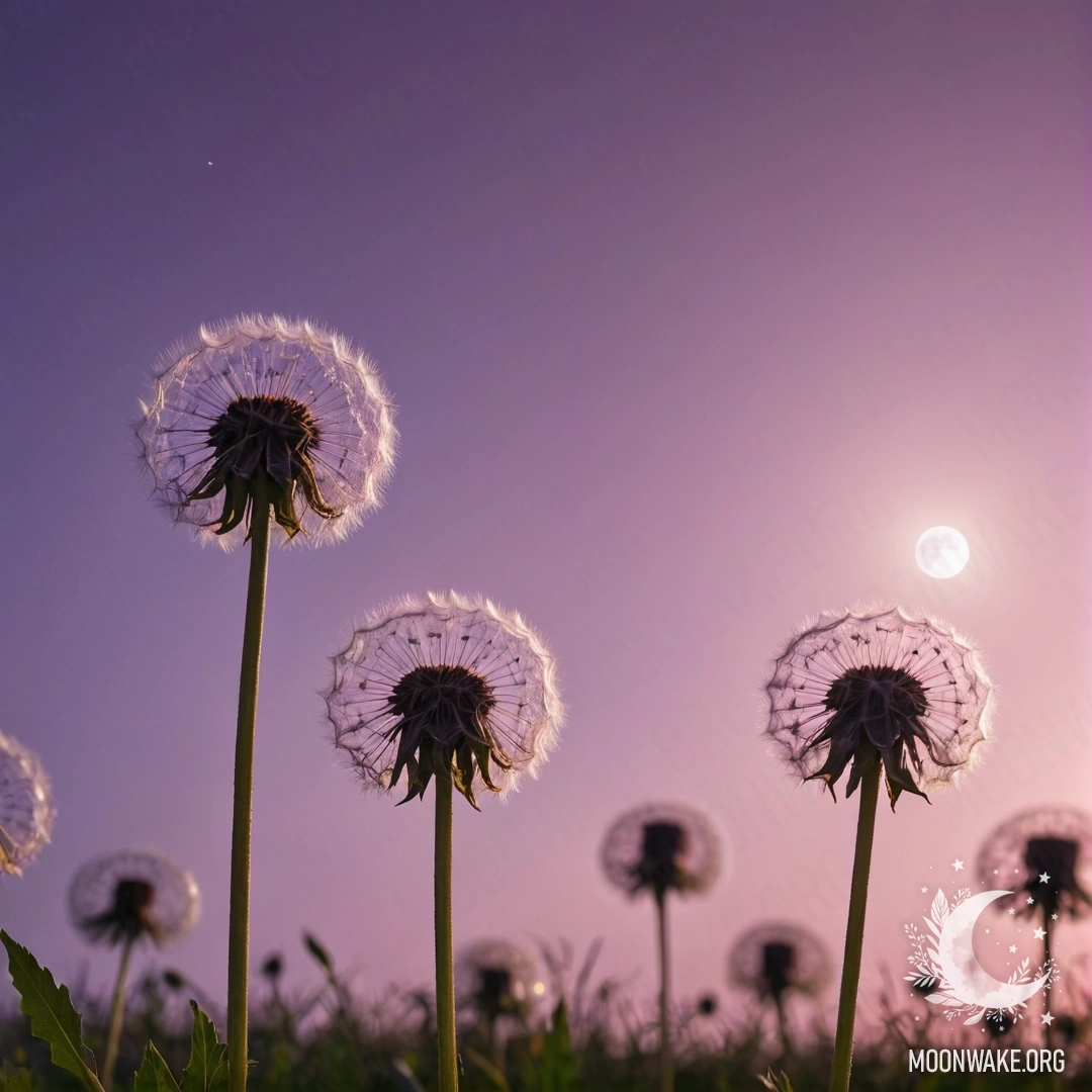 A close-up of dandelions in a field against a pink violet sky with the moon.
