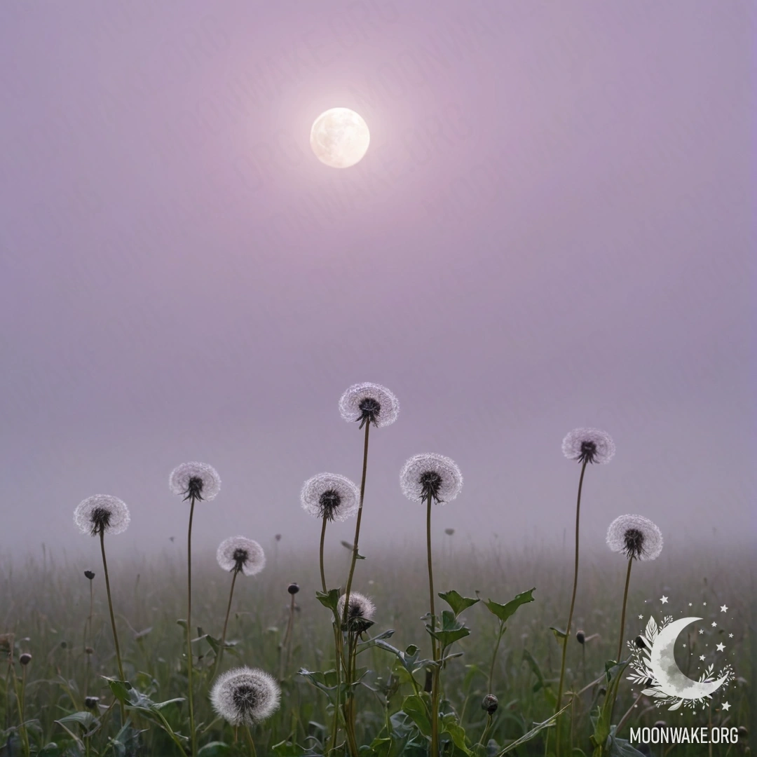 A close-up of dandelions in a field against a pink violet sky with the moon.