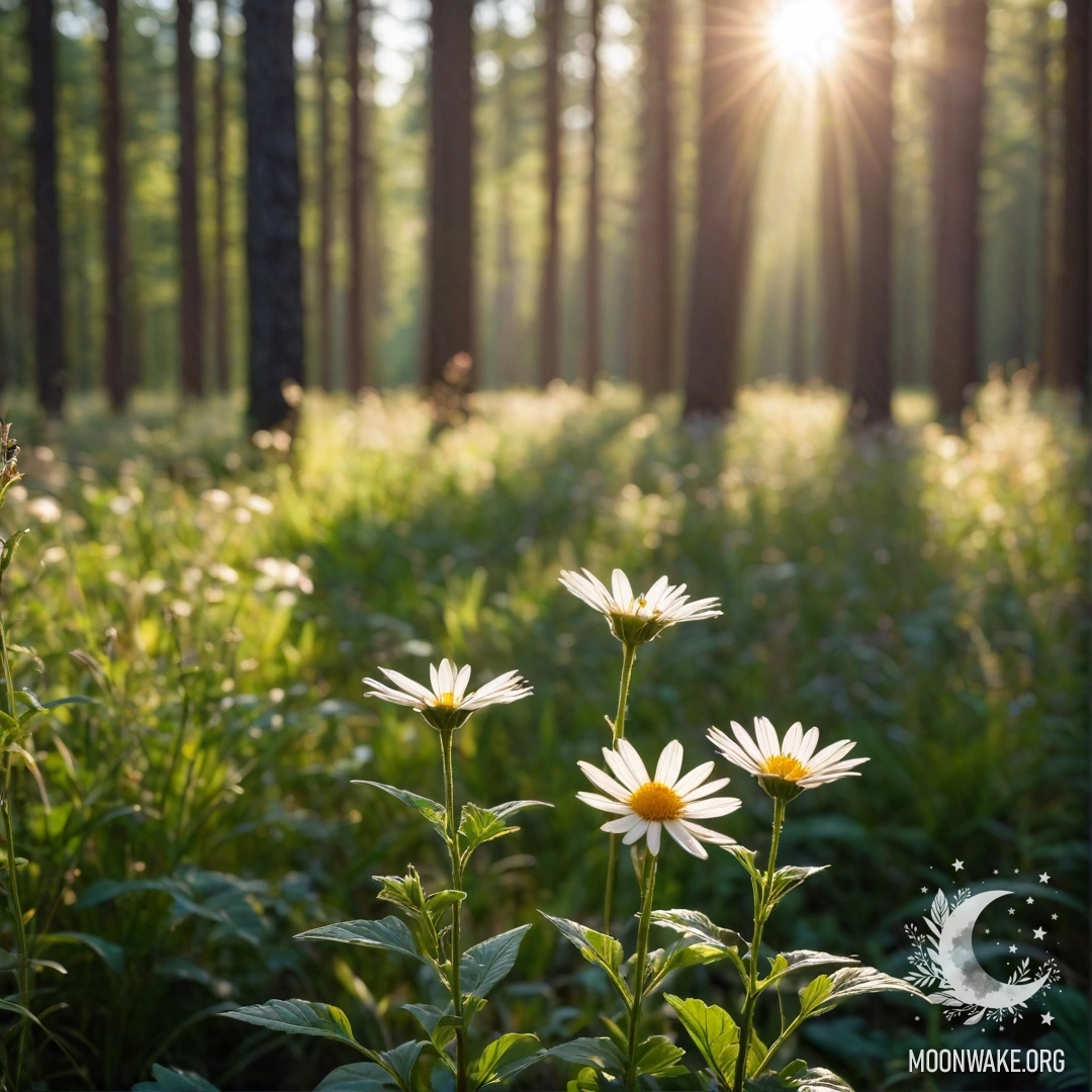 Close up of delicate field flowers with a bokeh forest backdrop