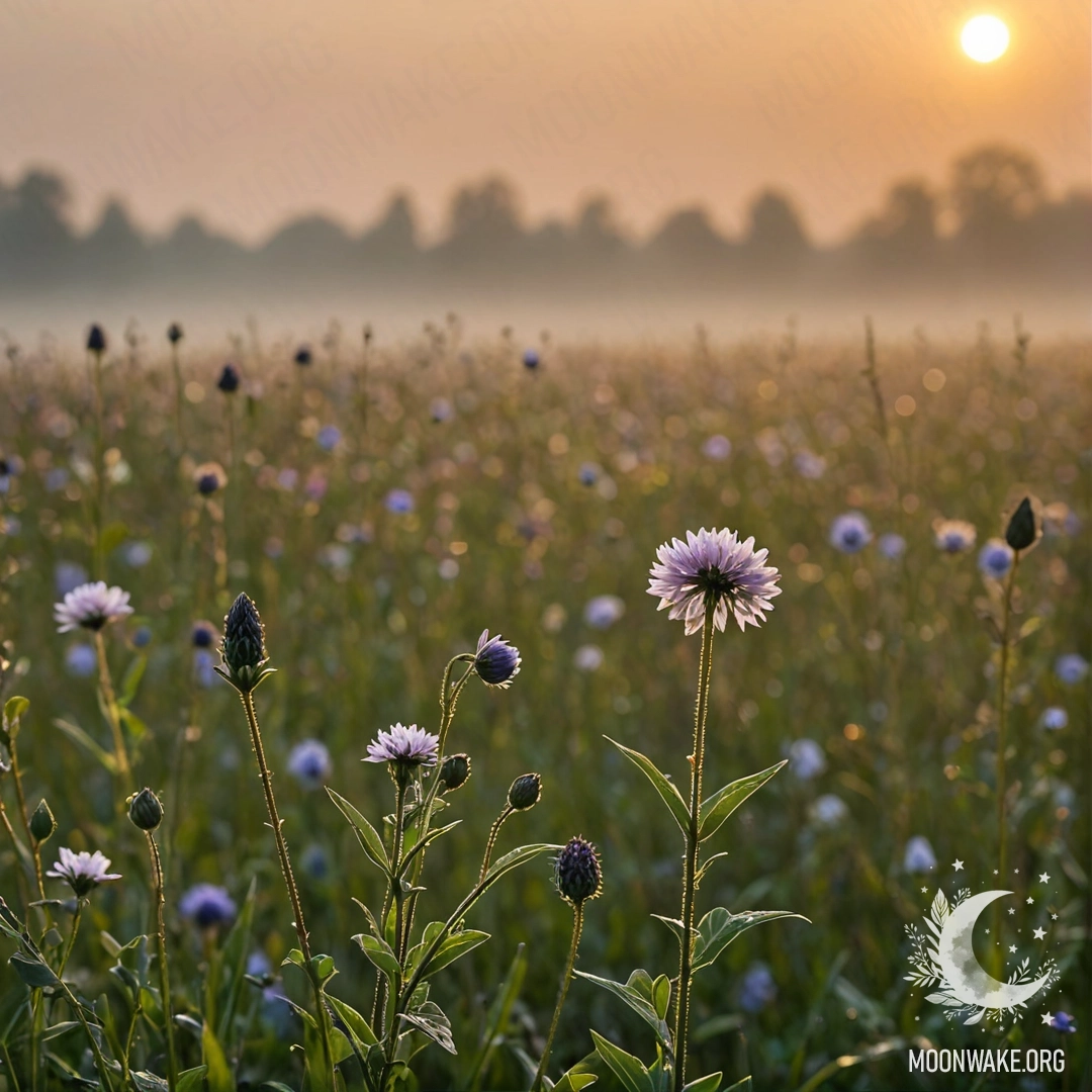 A close-up of flowers in a foggy field at sunset, with soft bokeh.
