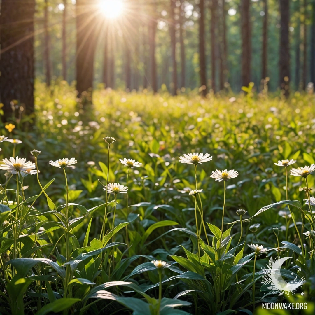 Close-up of delicate field flowers against a blurred forest background with sunlight filtering through the trees.