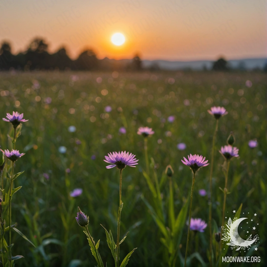 A close-up view of delicate field flowers against a blurred sunset background.