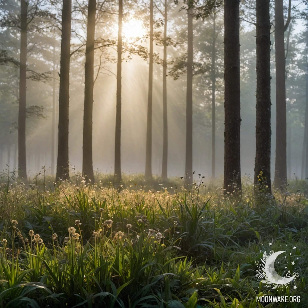 Close-up of field flowers with a blurred forest background and sun rays.
