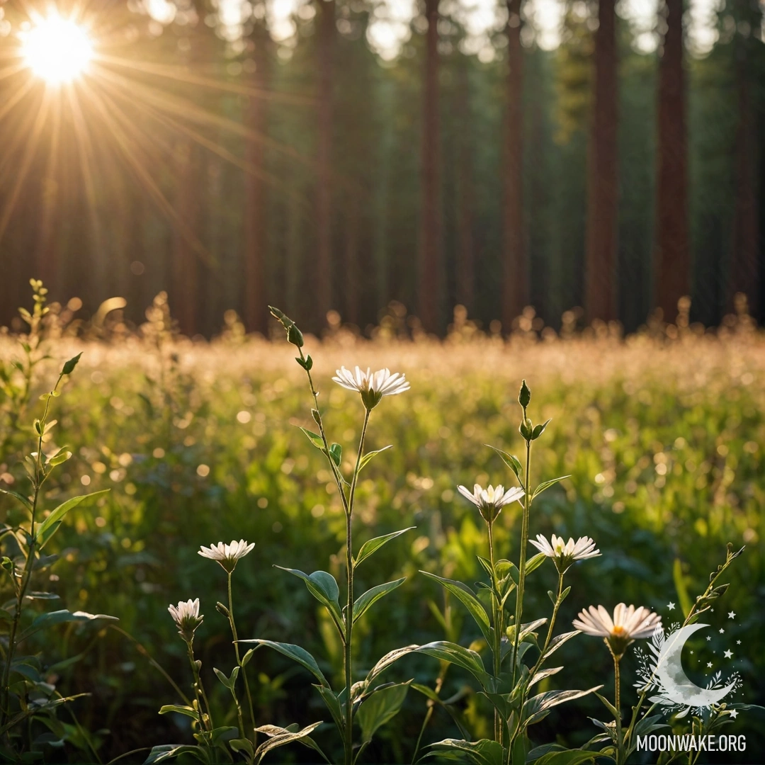 Close-up of field flowers with a blurred forest background and sunlight filtering through trees.