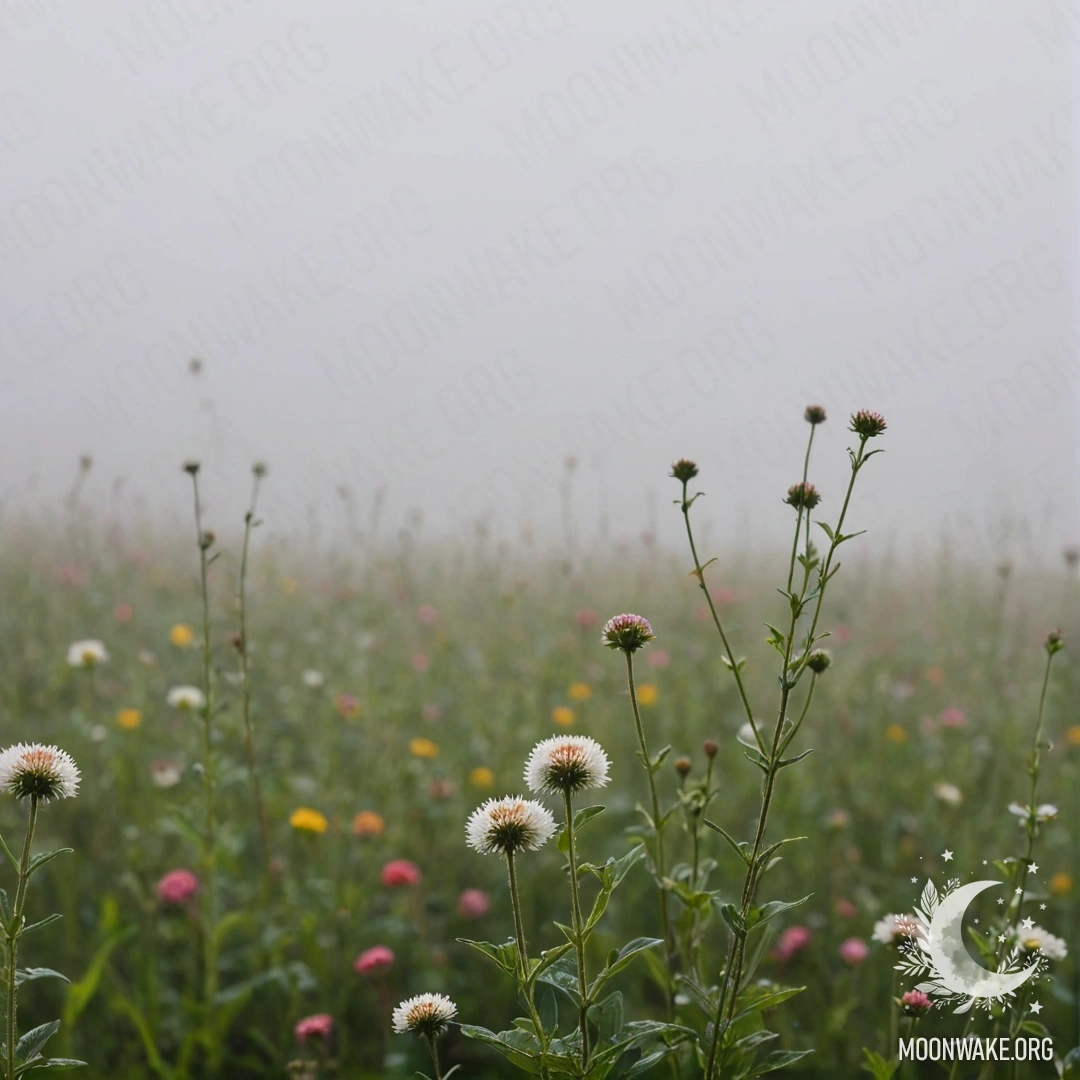 Close-up of Minimalist Field Flowers in Fog Close-up of intricate field flowers enveloped in dense fog with a blurred sky.