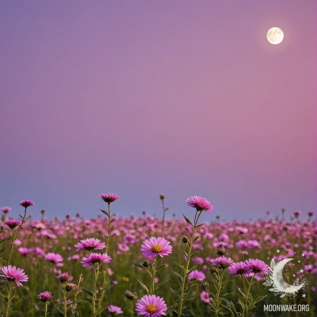 Close-up of field flowers with a pink violet sky and the moon