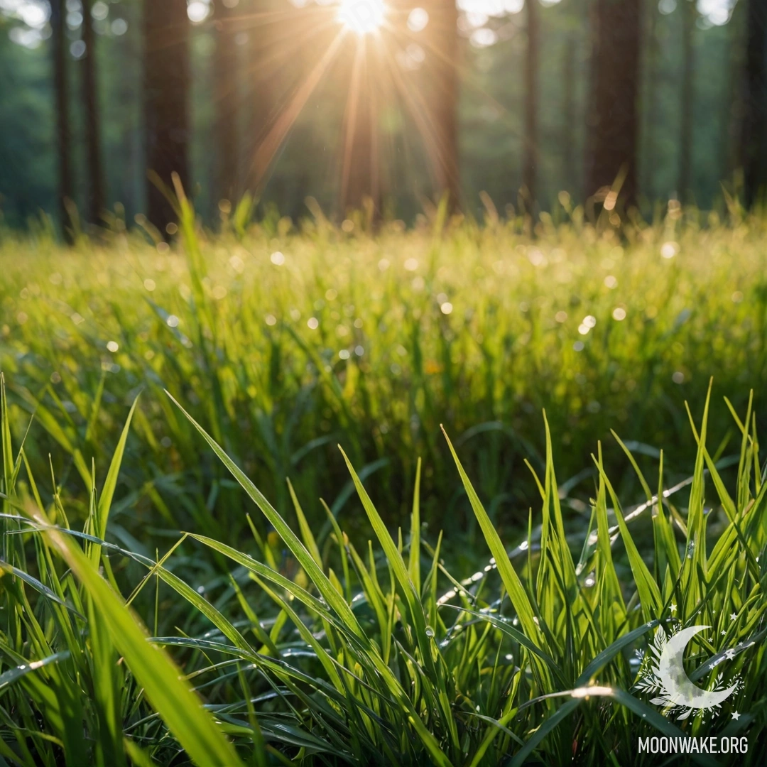 Close-up of grass in a minimalist field with bokeh forest backdrop and sun rays under rain.