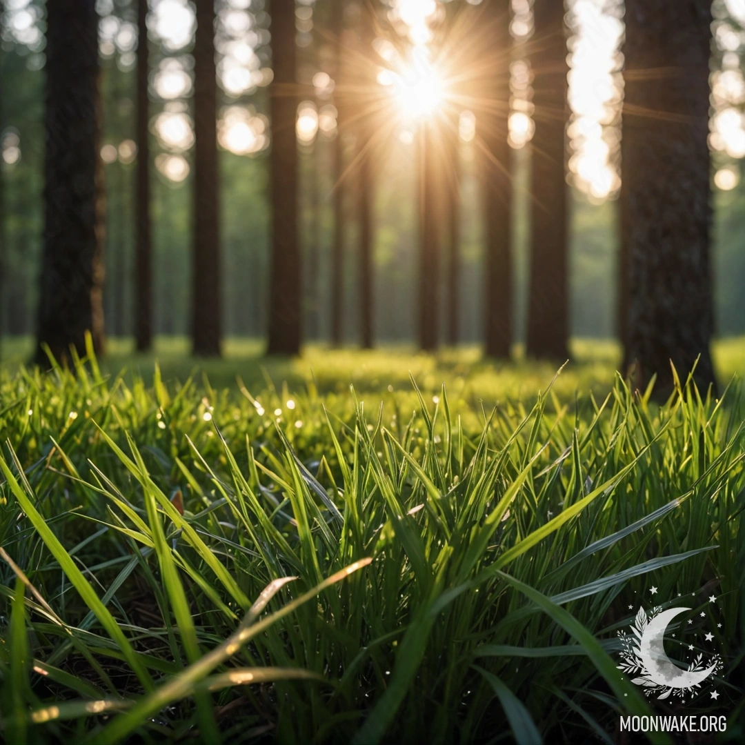 Close-up of grass in a minimalistic field with bokeh background and sun rays sneaking through trees at night.