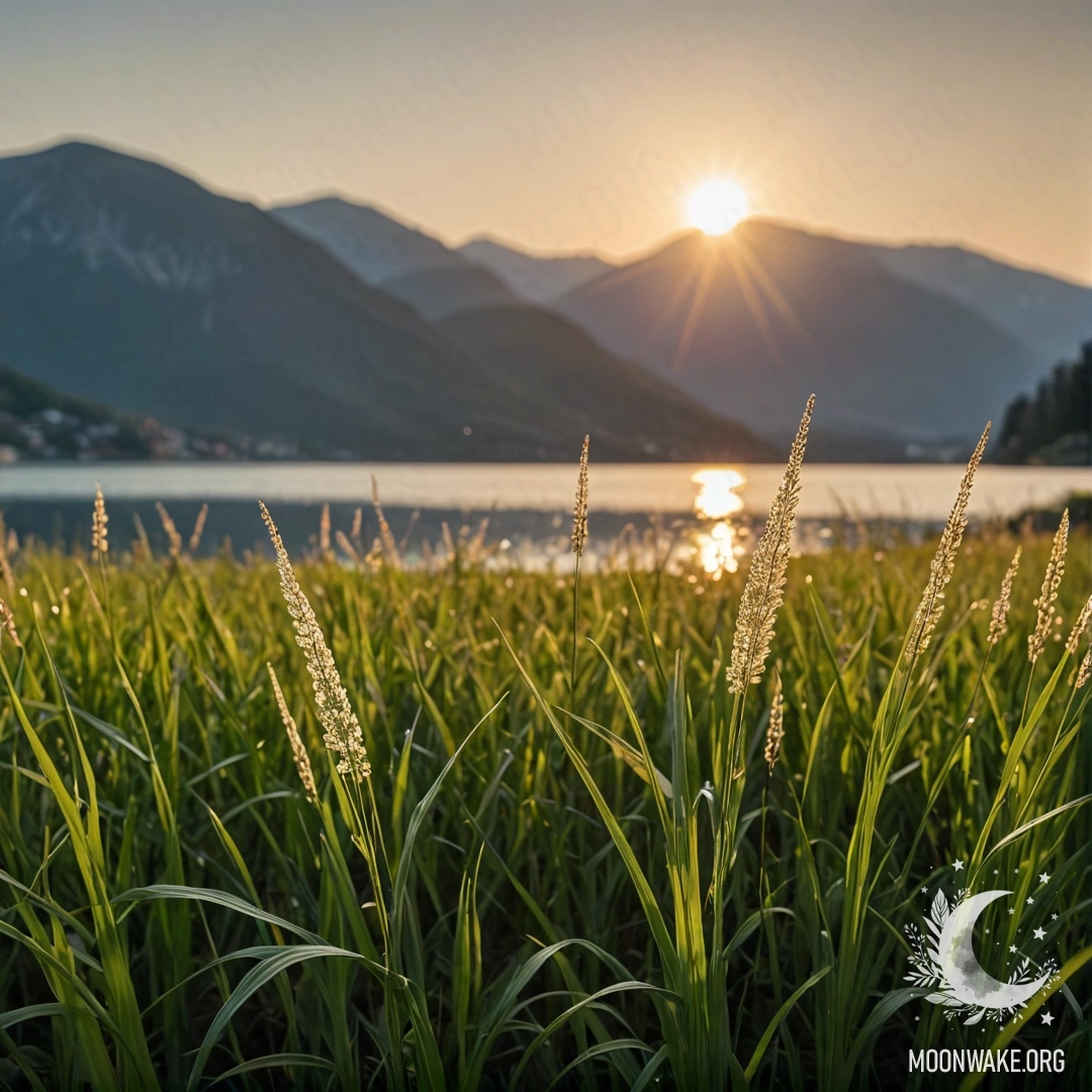 A close-up of grass in a field highlighting bokeh effects of a sunset by a mountain lake.