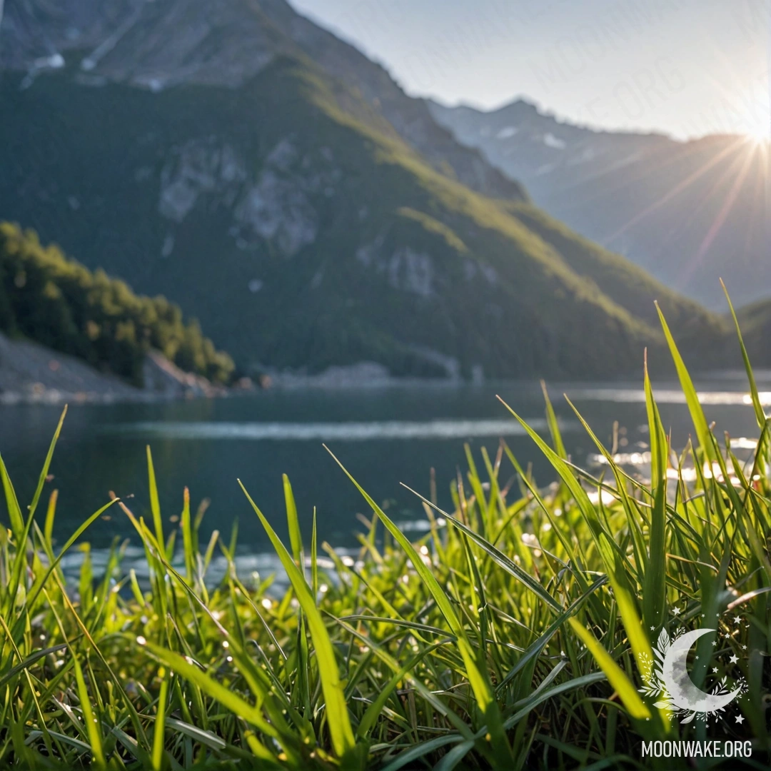 A close-up of delicate grass against a blurred background of a mountain lake with lens flares.