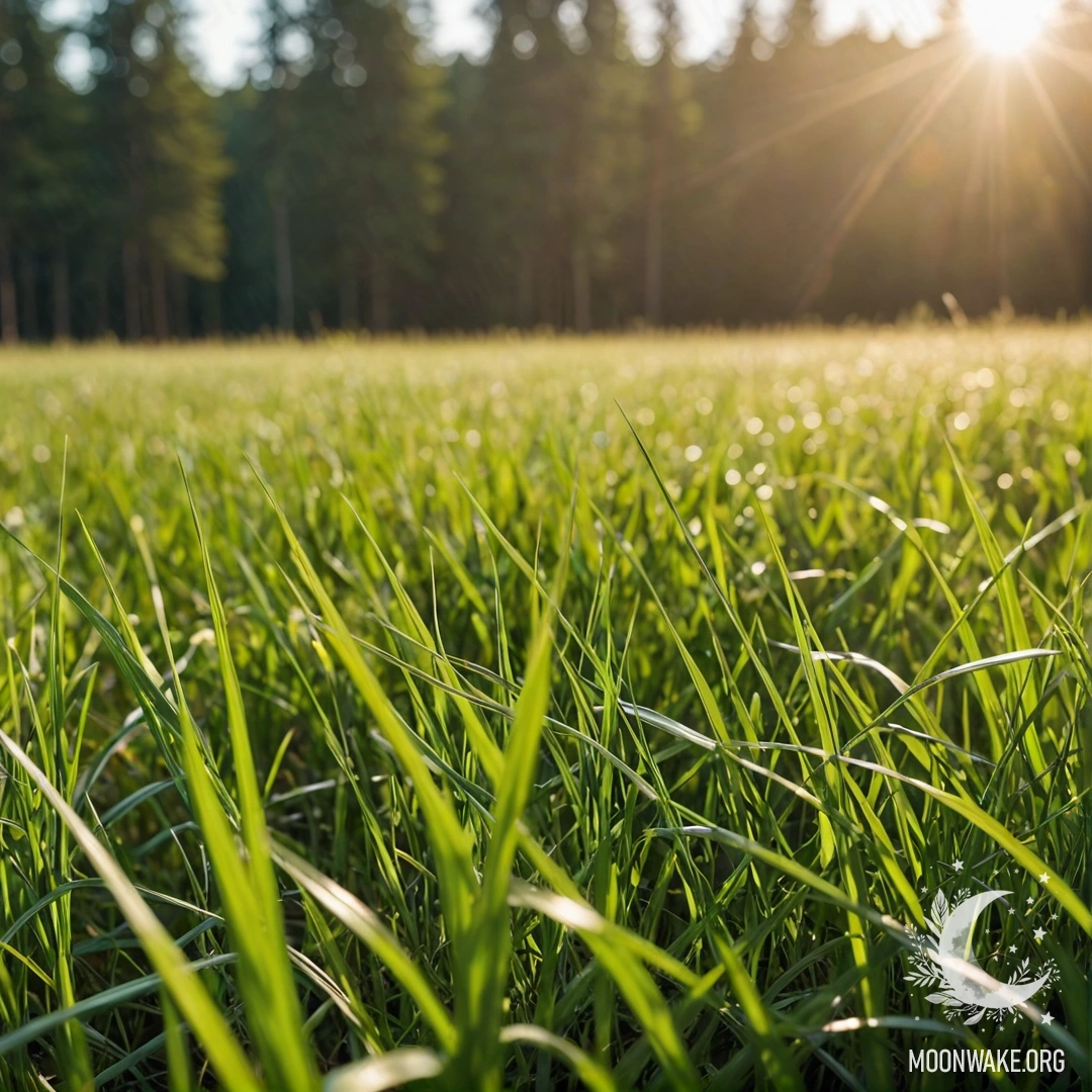 Minimalist Grass Field in Sunlight Close-up of delicate grass blades in a sunlit field, with a blurred forest background.