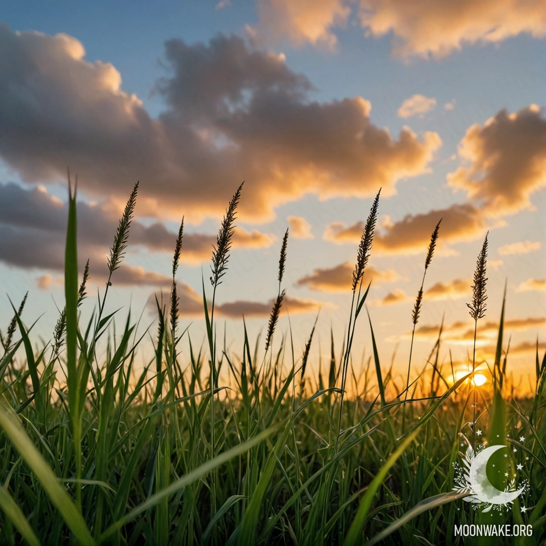 A close-up view of grass in a field against a blurred sunset sky with clouds.