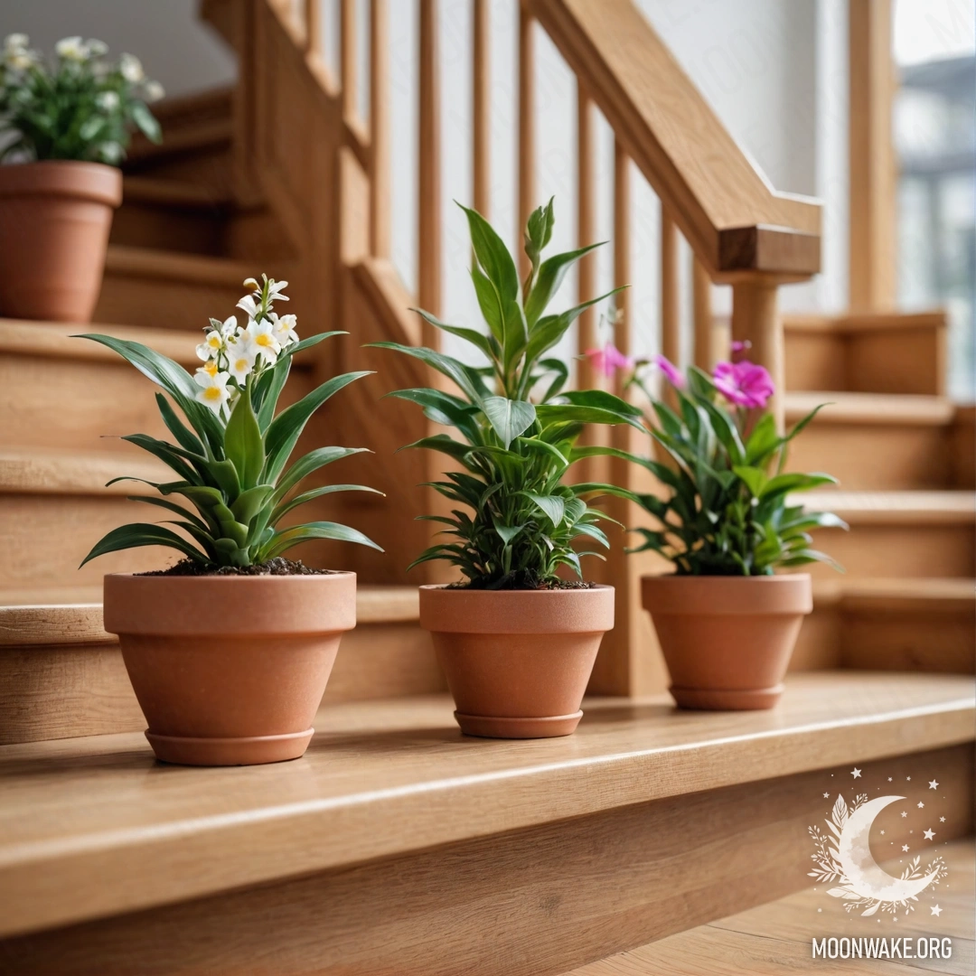 Photorealistic depiction of flowerpots with lenses on a wooden staircase.