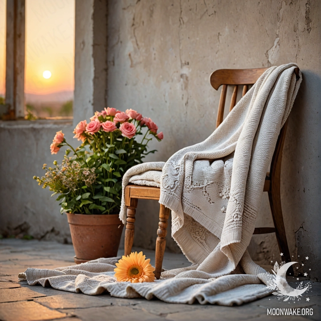 Minimalism with Flowers on a Chair A minimalist setup featuring a chair with a blanket and a bouquet of flowers on a sunset background against a shabby wall.