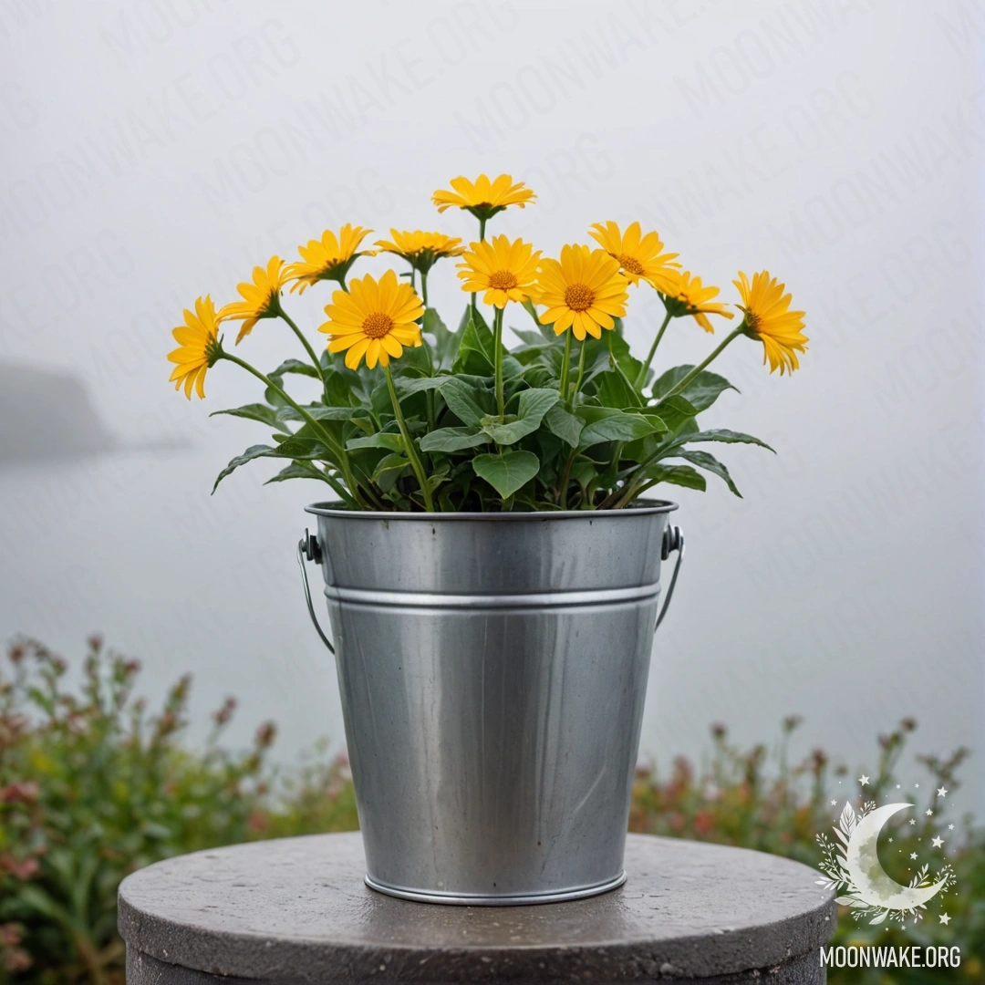 Minimalist Flowers in a Metal Bucket by the Sea A minimal arrangement of flowers in a small metal bucket against a blurred sea background with heavy fog.
