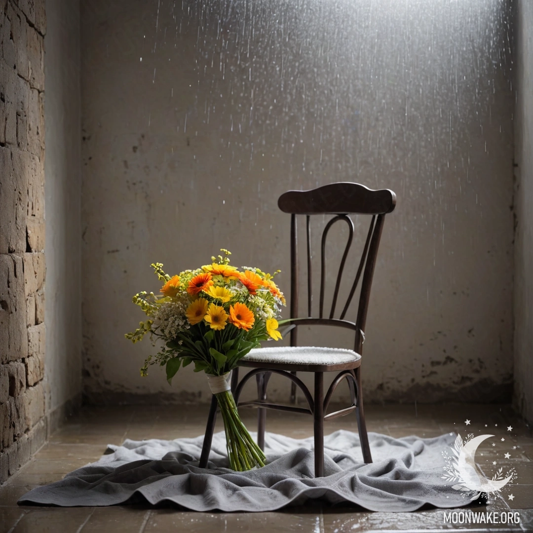 A minimalist composition featuring a chair with a blanket and a bouquet of flowers under rain against a shabby wall.