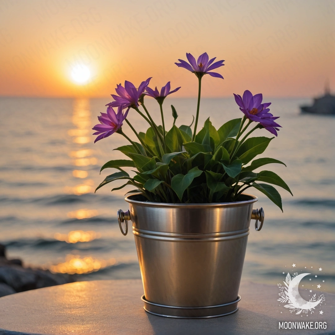 A photorealistic depiction of minimalist flowers in a metal bucket flowerpot against a bokeh sea background during sunset.