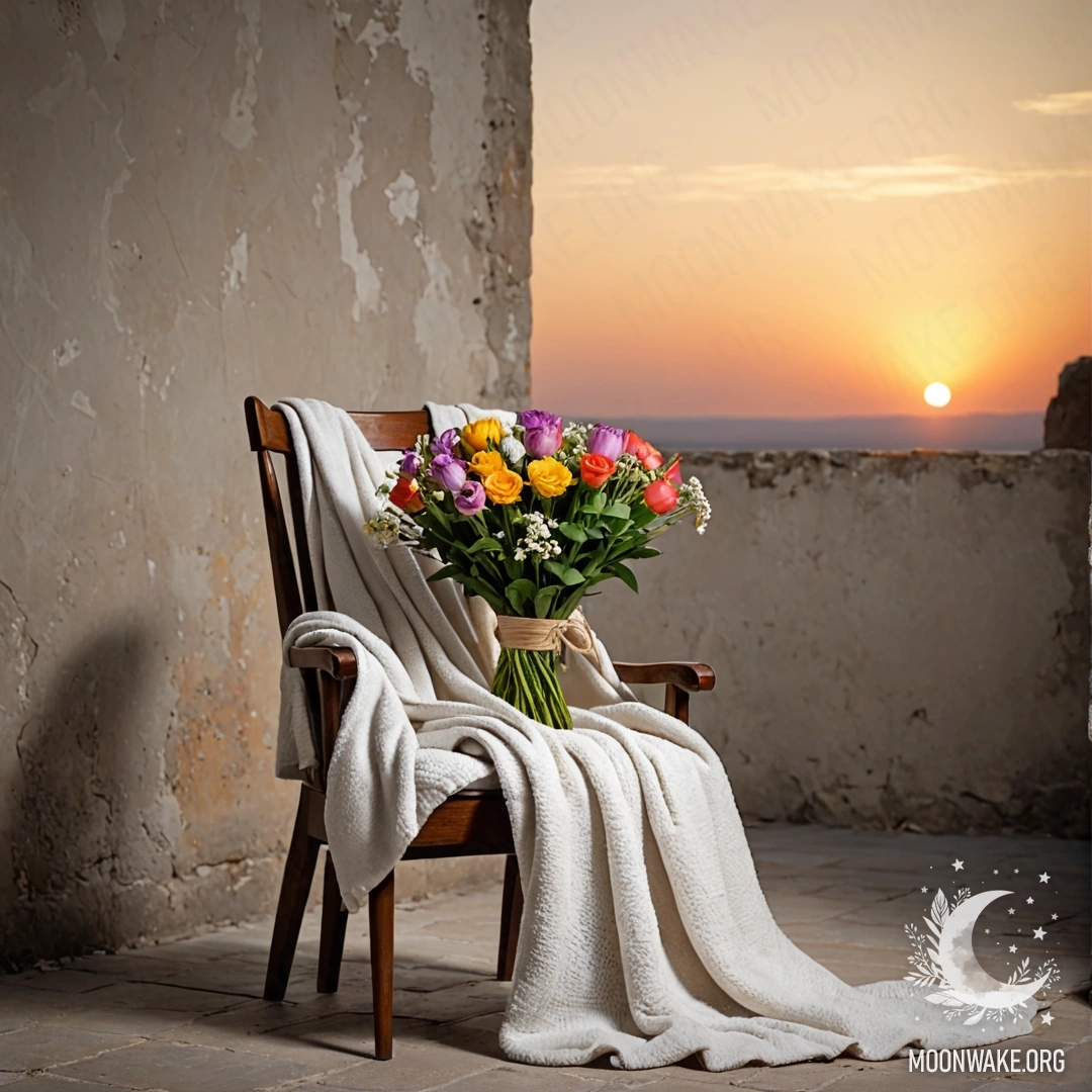 A chair with a blanket and a bouquet of flowers against a shabby wall during sunset.