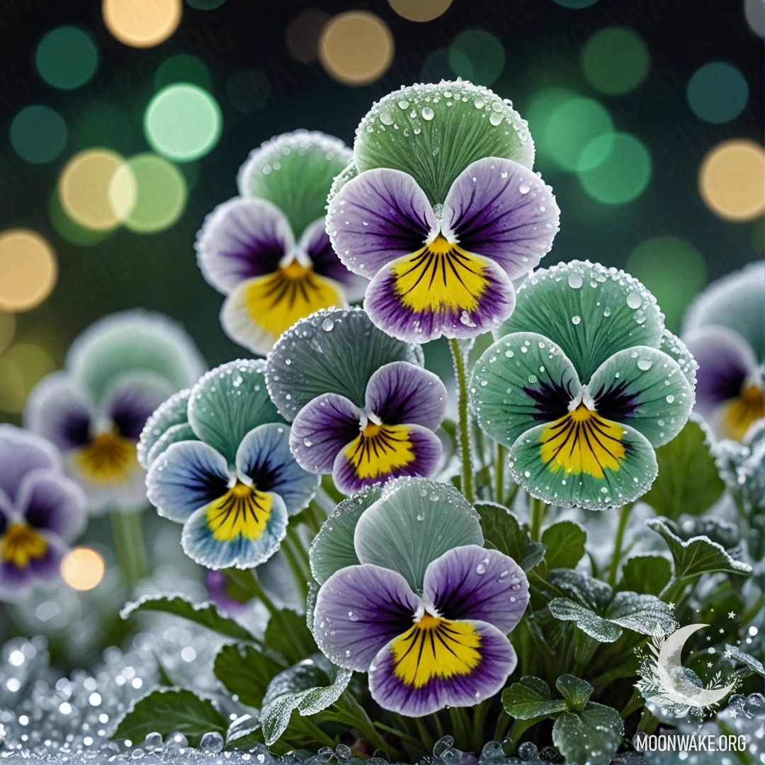 A minimalist image of pansies covered in frost at night, with sequins.