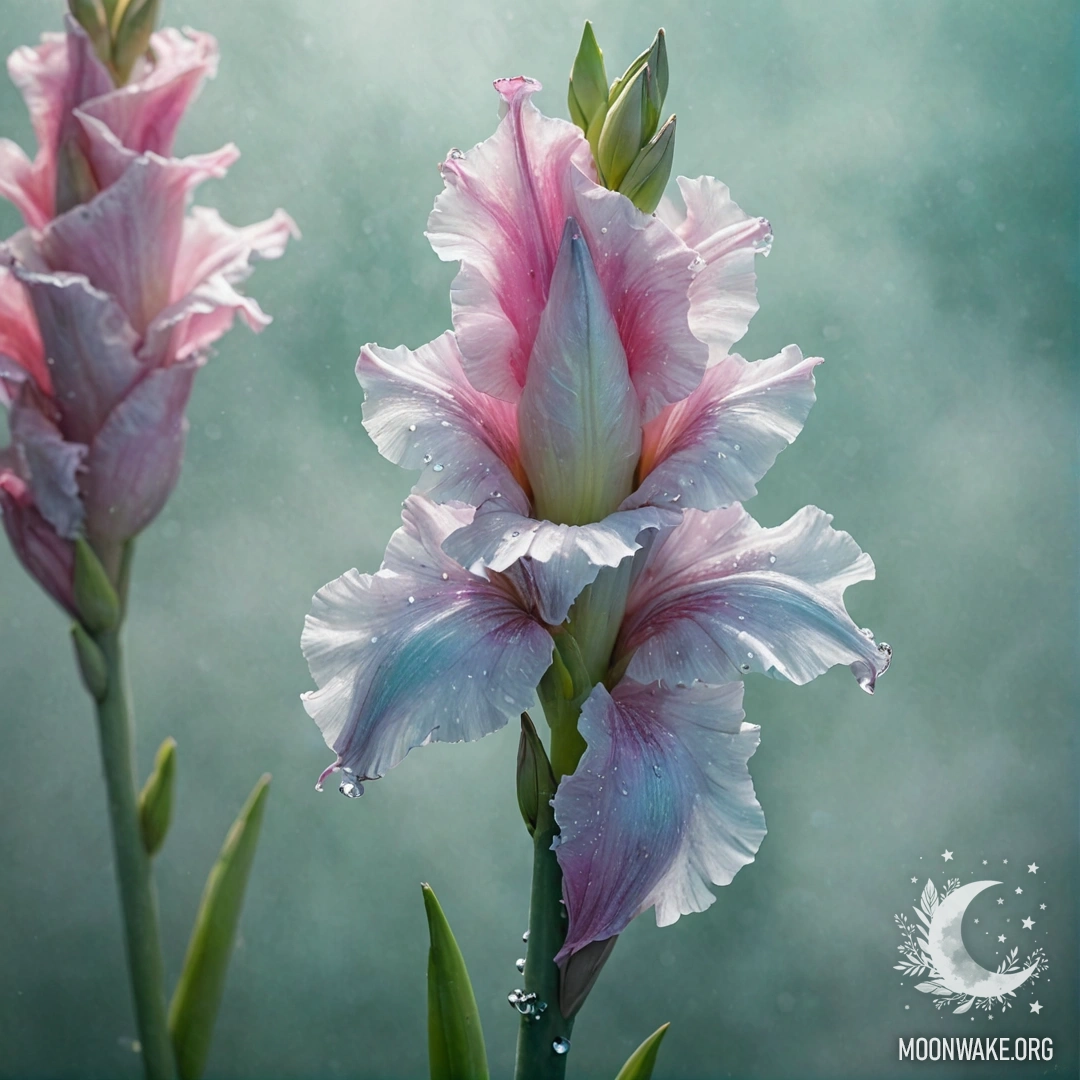 Minimalist Gladiolus in Fog with Rhinestones A minimalist depiction of a gladiolus flower partially enveloped in fog, sparkling with rhinestones, in shades of greenish-blue.