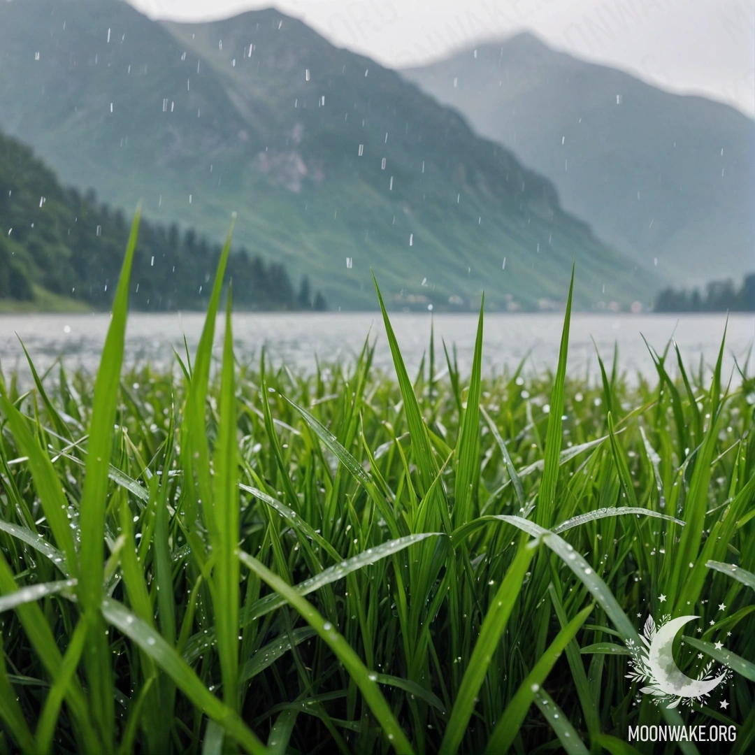 Close-up of grasses in a field, with a blurred mountain lake in the background under rain