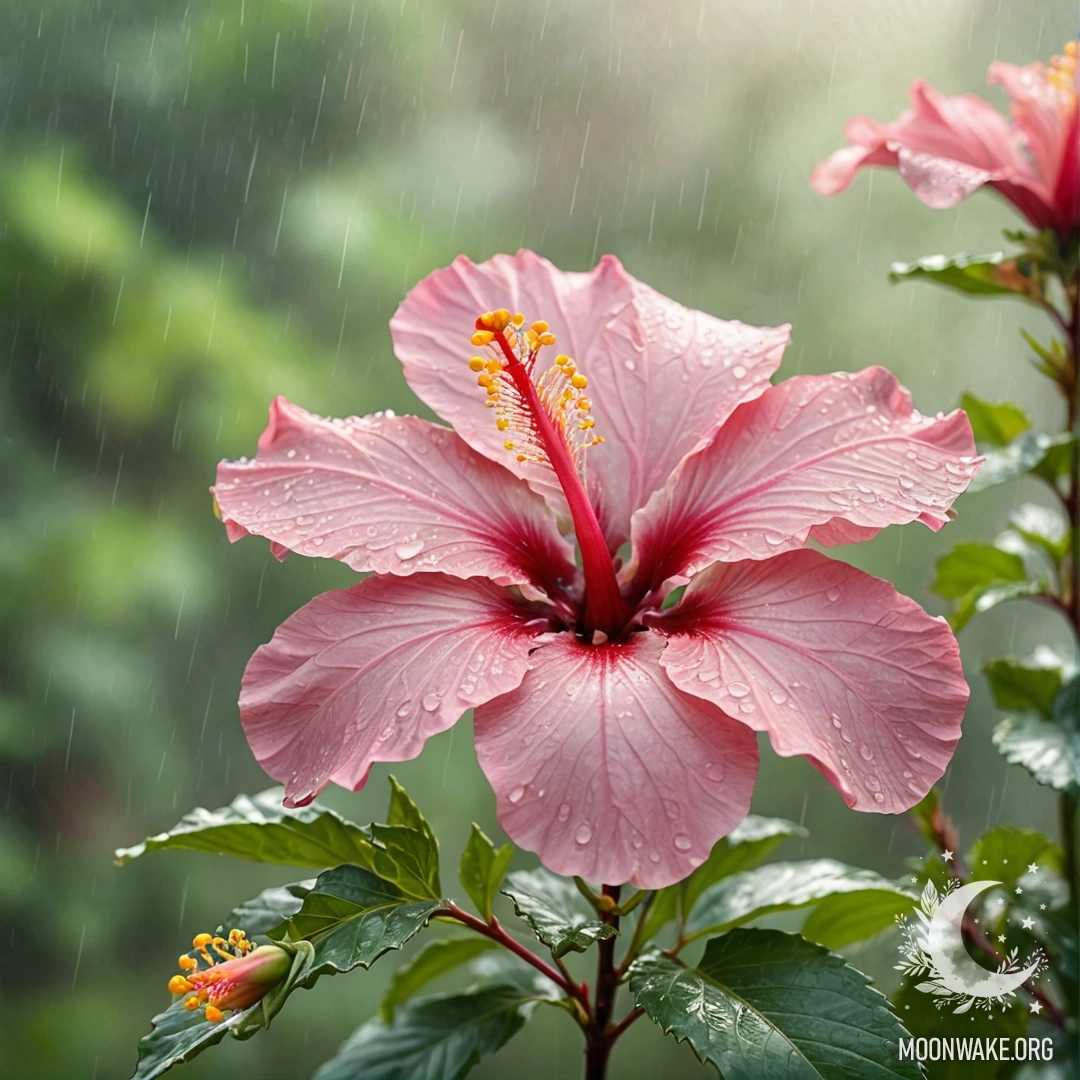 A delicate hibiscus flower stands in misty rain rays of sunshine.