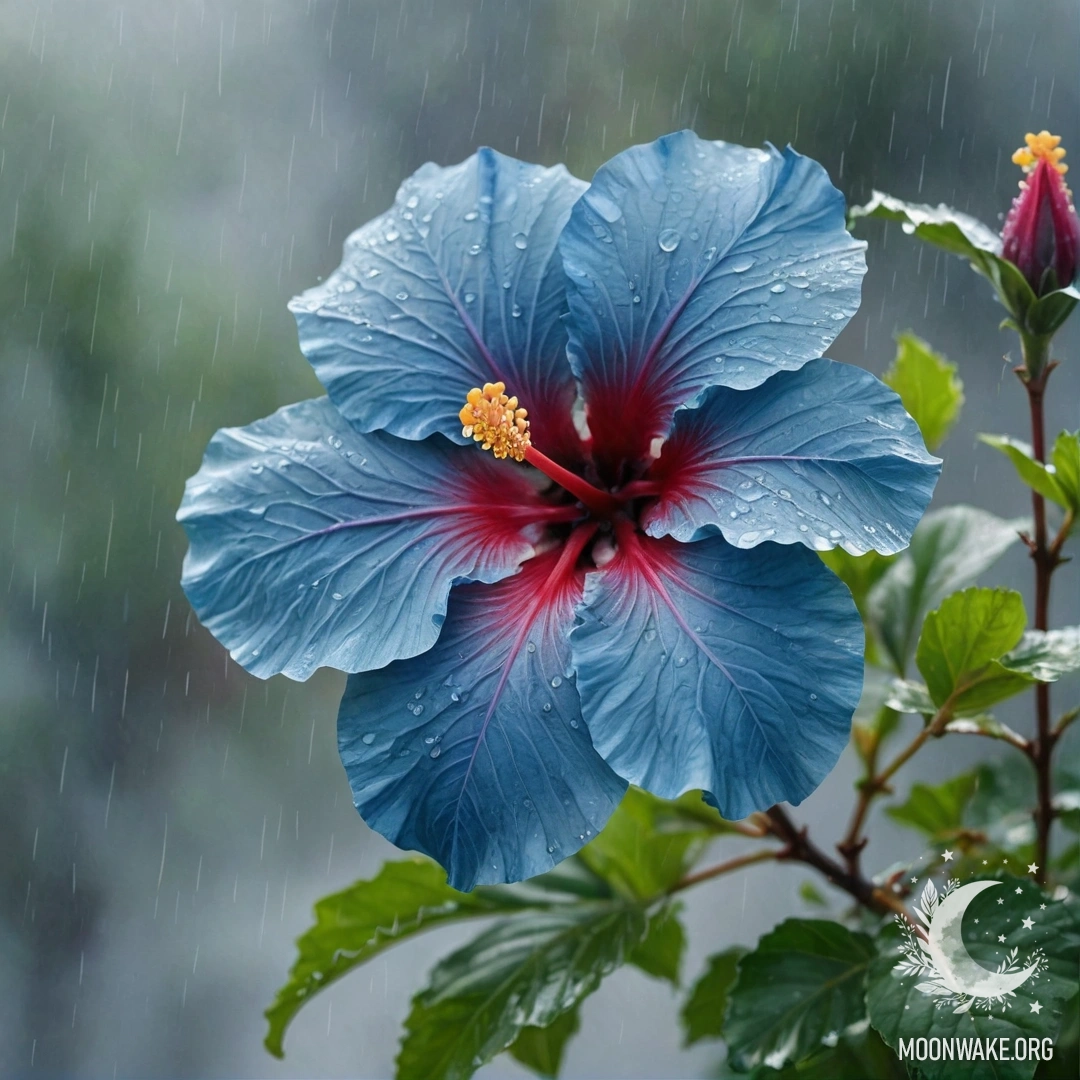 Minimalism Hibiscus in the Mist A watercolor painting of a hibiscus flower in mist under rain with blue tones and sunny rays in the background.