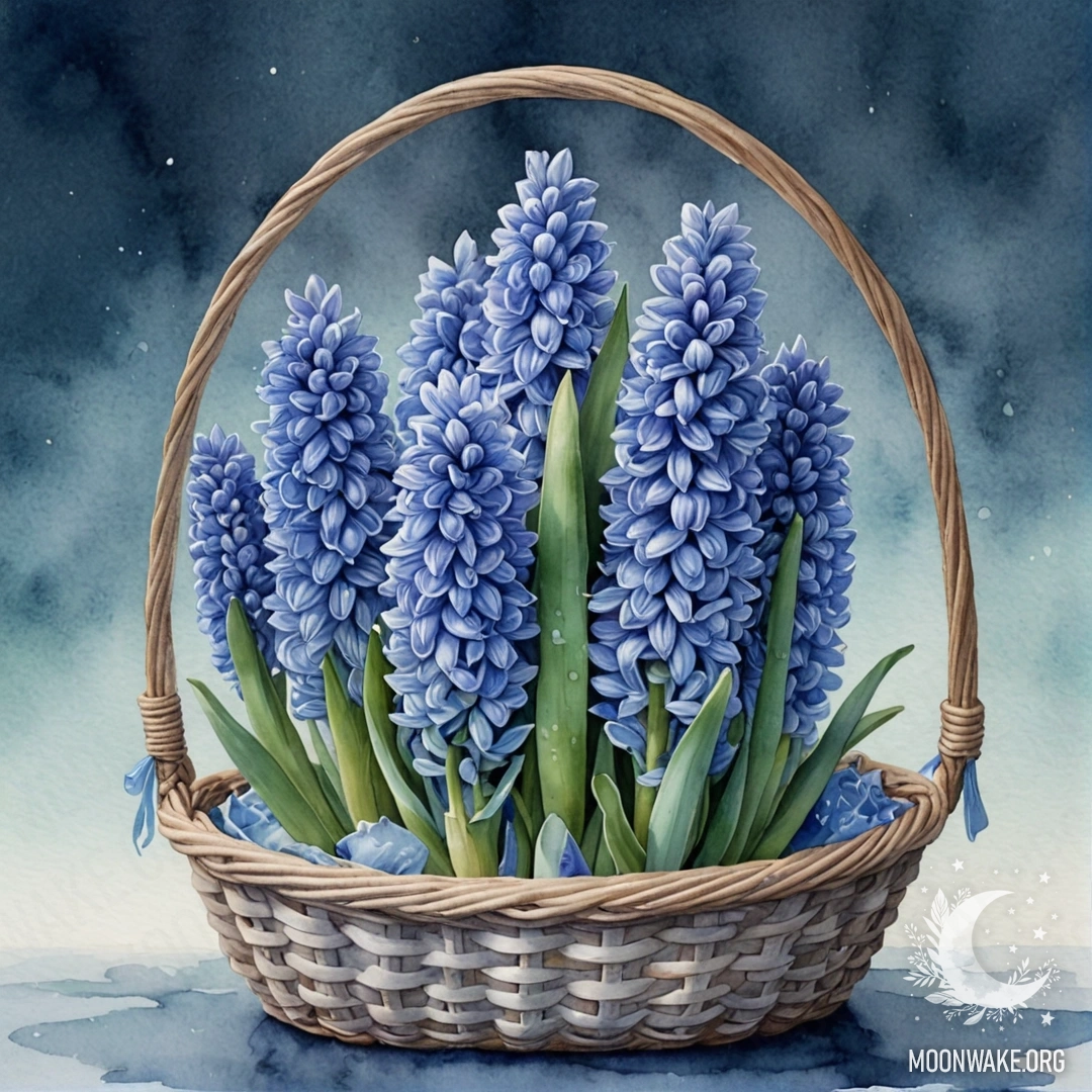 A delicate aquamarine hyacinth in a basket, surrounded by fog at night.