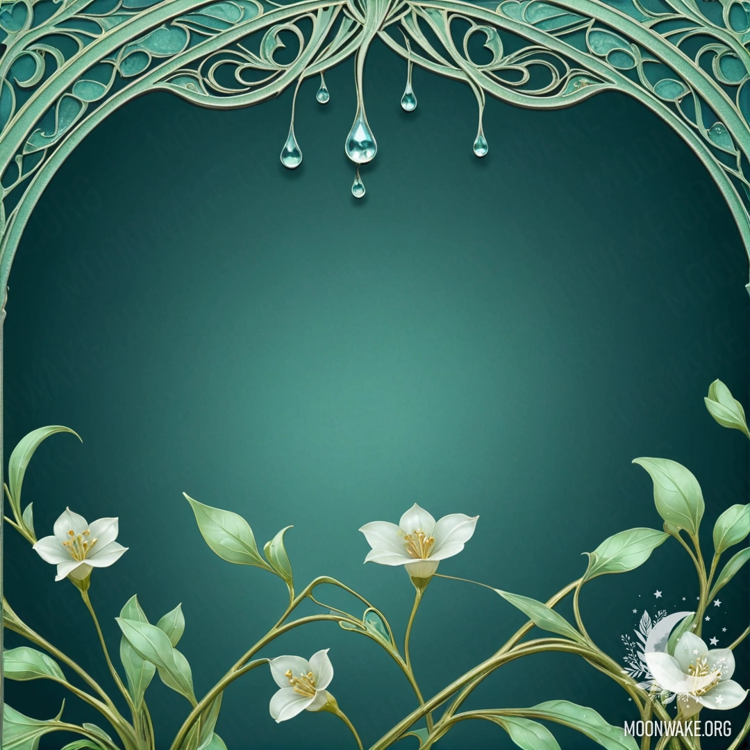 A minimalist representation of jasmine flowers adorned with dew drops against an aquamarine night background.