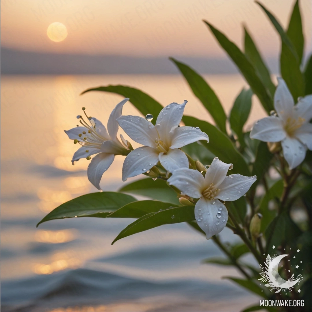 A close-up of jasmine flowers adorned with dew drops against a sunset backdrop, reminiscent of old postcard aesthetics.