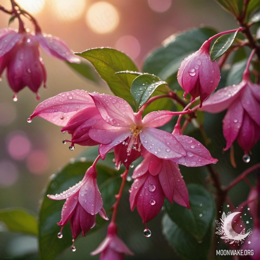 Minimalist Jasmine at Sunset Watercolor painting of jasmine flowers with dew drops at sunset, featuring fuchsia patterns.