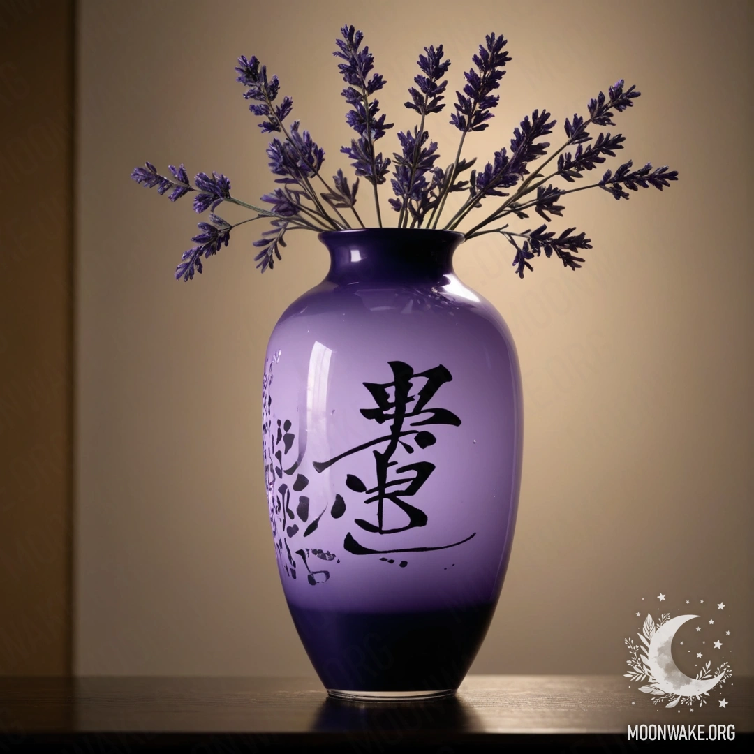 A minimalist lavender vase featuring Japanese calligraphy and a web at night.