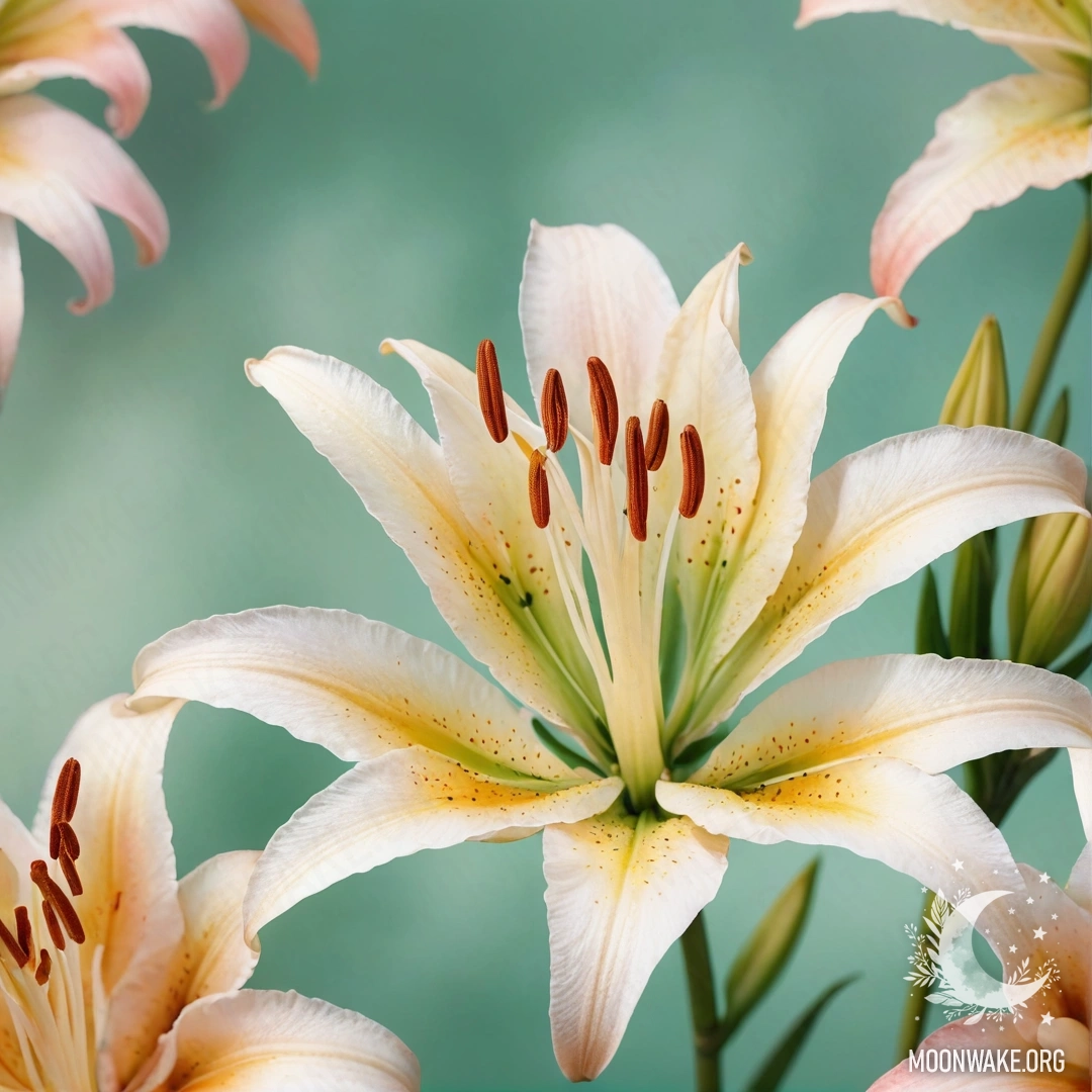 A minimalistic watercolor painting featuring pale lilies against a soft pastel background.