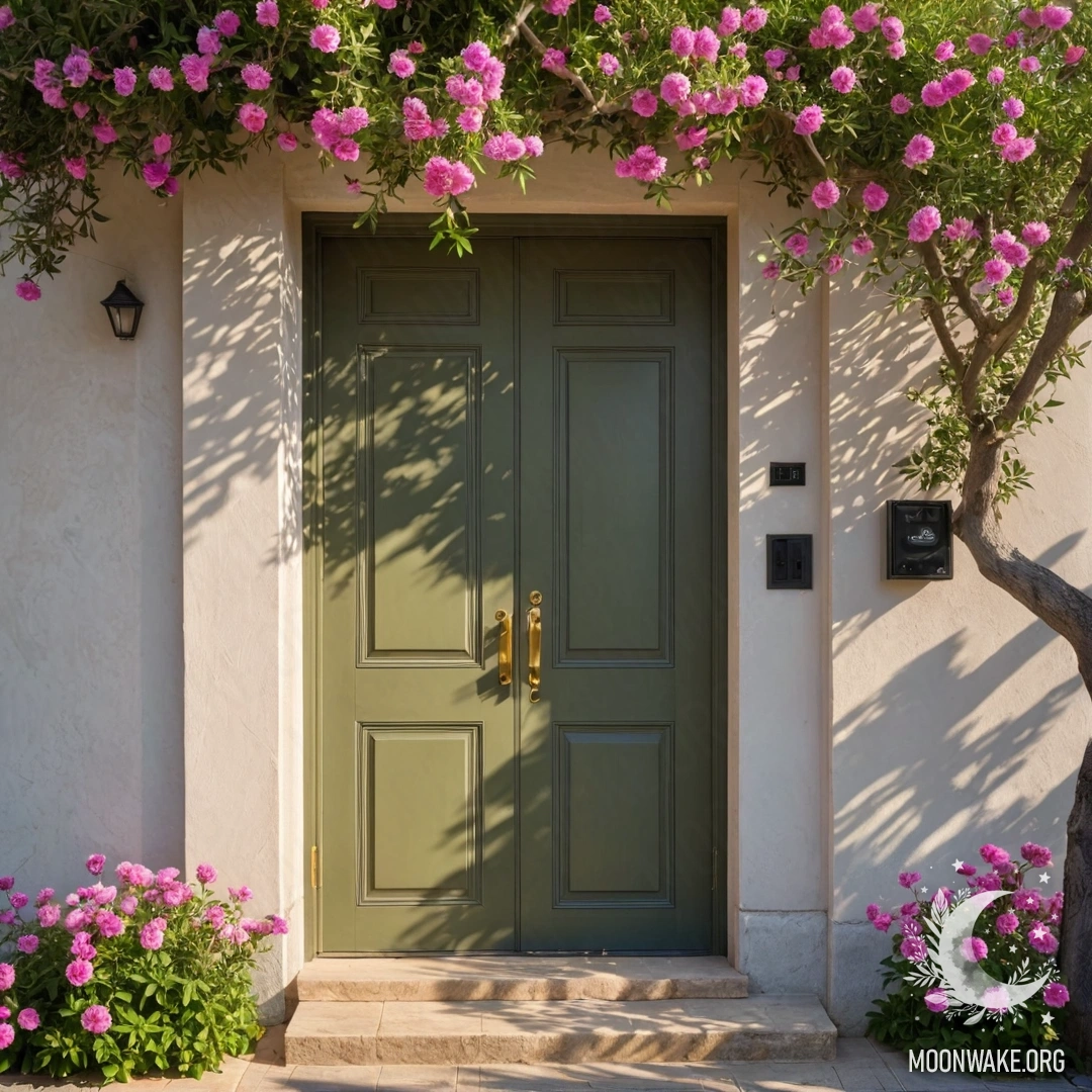A minimalist olive green door beneath a blooming tree with pink flowers and sun rays.