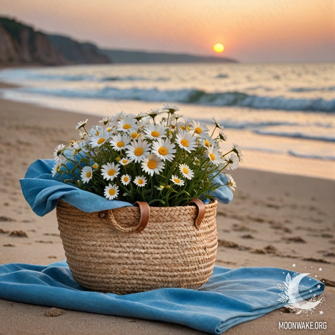 A minimalistic scene of a sandy beach at sunset featuring a straw bag with a blue tablecloth and a bouquet of daisies, rain falling in the background.