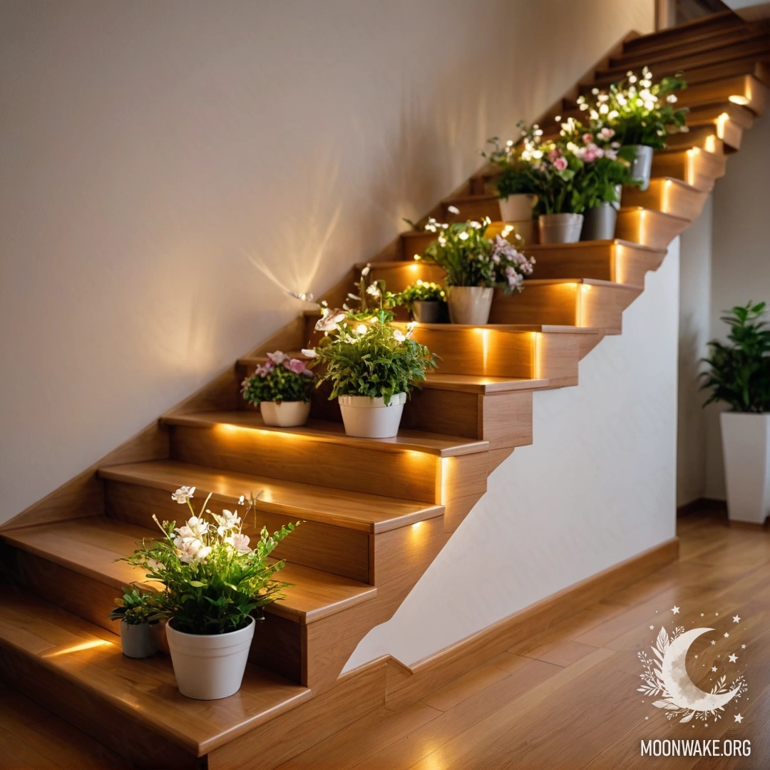 Minimalist Serenity on Wooden Stairs A minimalist wooden staircase adorned with flowerpots and gentle garland lights.