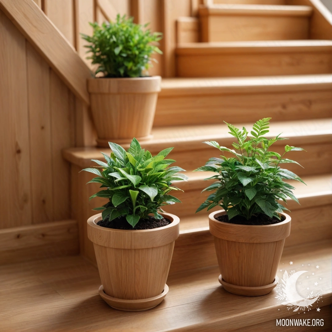 A wooden staircase adorned with flowerpots, creating a serene vibe.