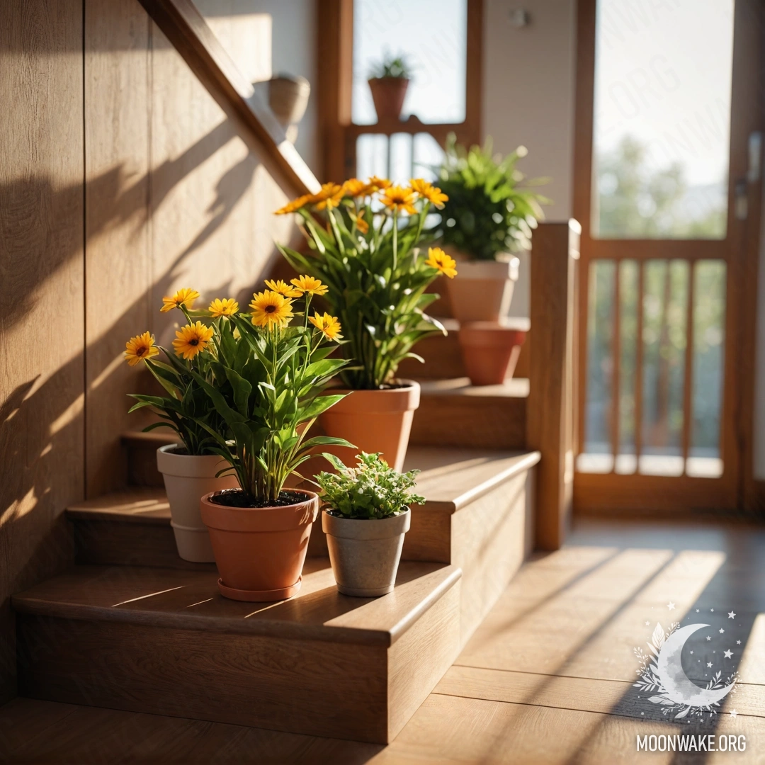 Minimalism on a Wooden Staircase with Flowerpots A wooden staircase adorned with flowerpots basking in sun rays.