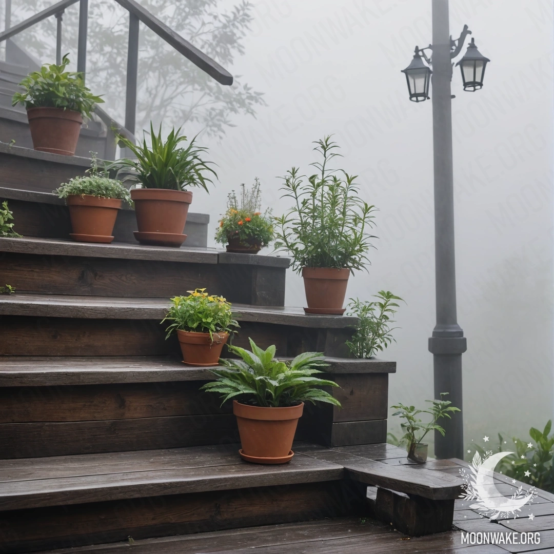 A wooden staircase shrouded in dense mist with flowerpots