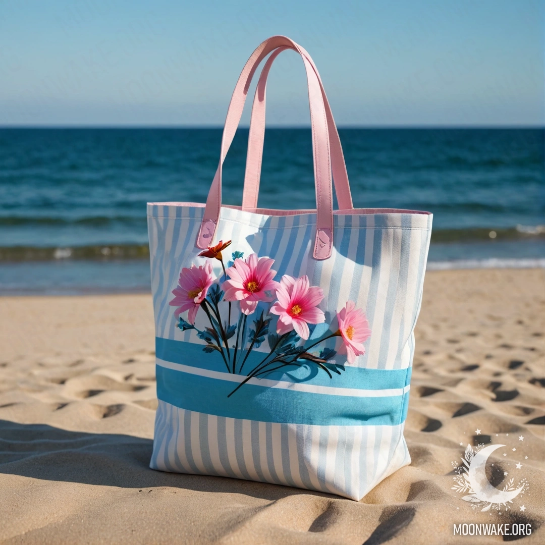 A minimalist beach scene featuring a white and blue striped bag filled with pink flowers against the backdrop of a dark blue sea and sky.