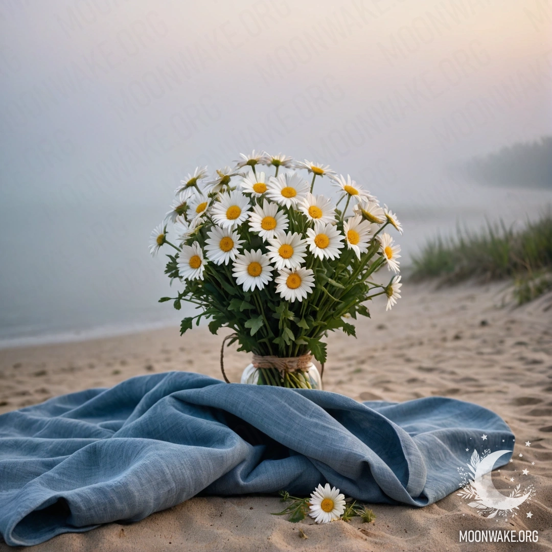 Minimalist Beach Sunset with Straw Bag A sandy beach at sunset with a straw bag containing a blue tablecloth and daisies, shrouded in heavy fog.