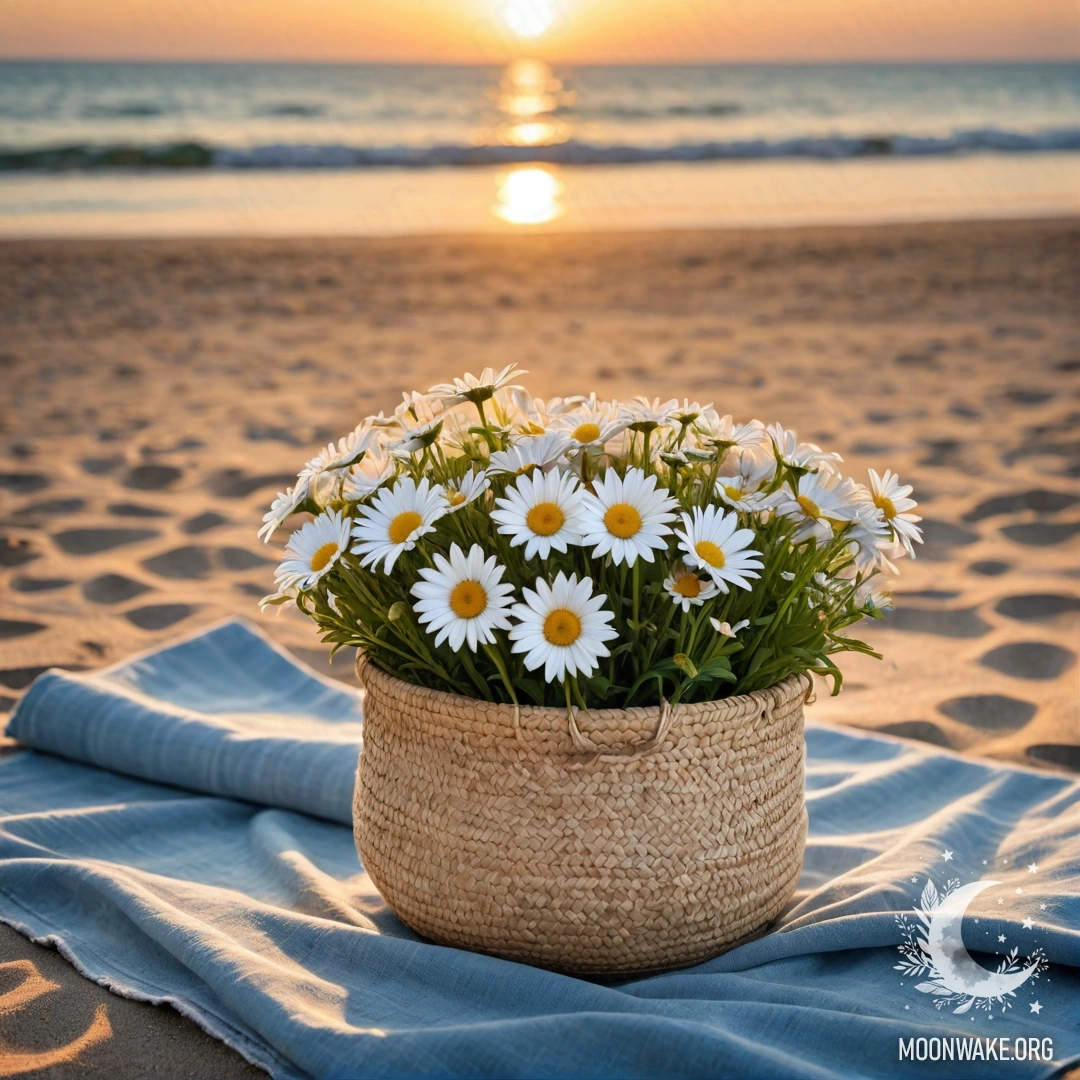 A straw bag with a blue tablecloth and a bouquet of daisies on a sandy beach at sunset, with the sea in the background.