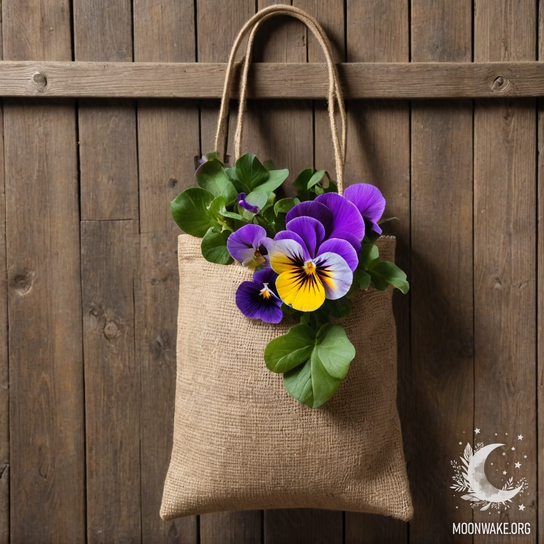 A burlap bag filled with pansies hanging on a shabby wooden wall.