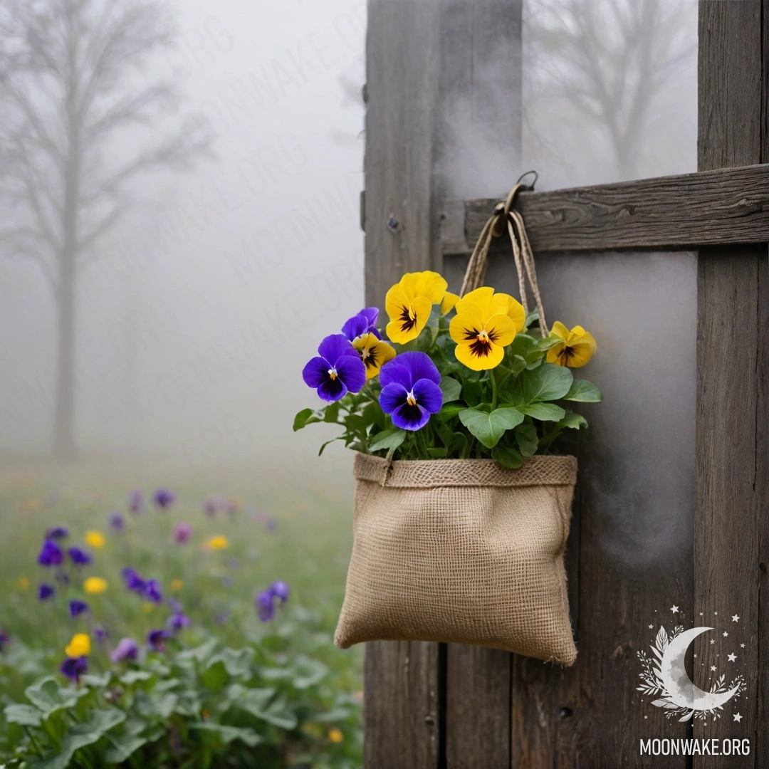 A small burlap bag containing pansies hanging on a shabby wooden wall surrounded by dense mist.