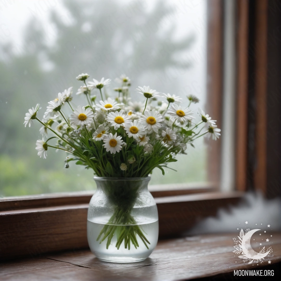 A glass vase with daisies sits on a wooden vintage windowsill in dense fog.