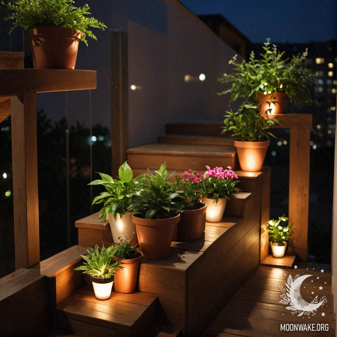 A wooden staircase adorned with flowerpots at night.
