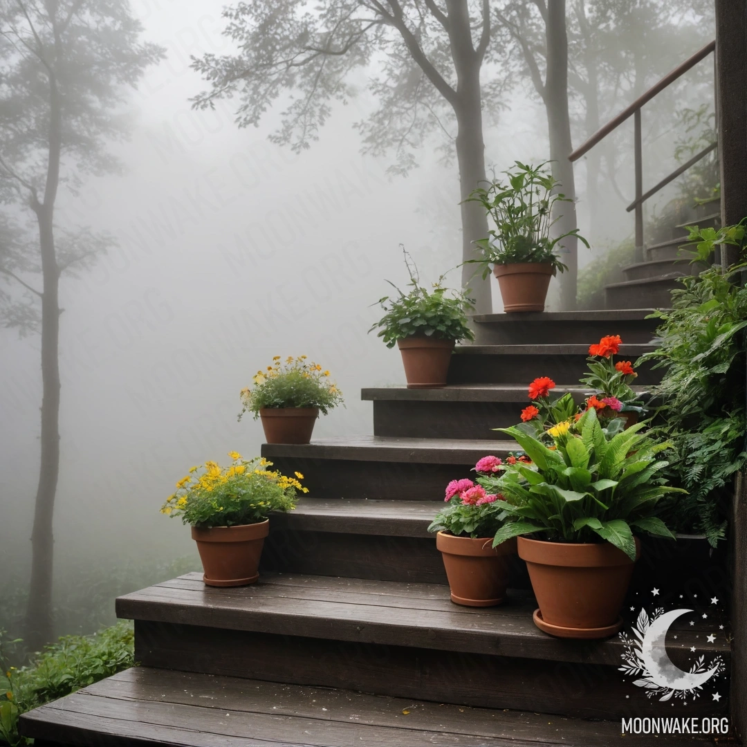A wooden staircase adorned with flowerpots shrouded in dense fog.