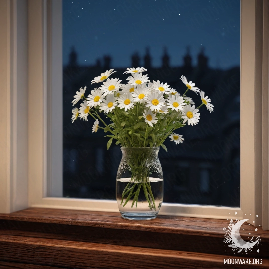 A photorealistic image of a glass vase with daisies on a wooden vintage windowsill at night.